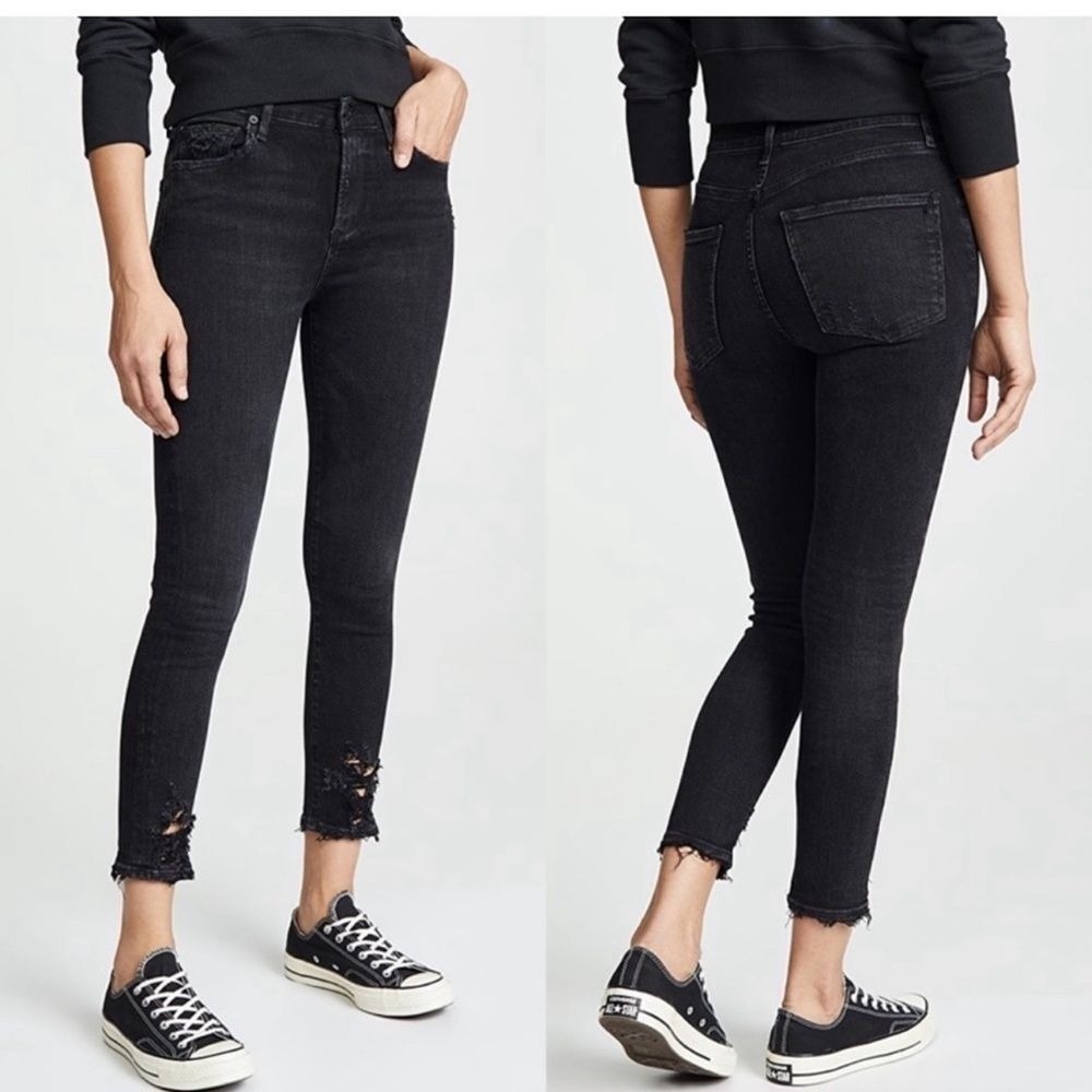 AGOLDE Sophie Crop High Rise Jeans Distressed Raw Chewed hem Black Size 24